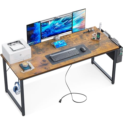KKL Large Computer Desk with Power Outlets and USB Port Desk for Home Office Gaming Simple Modern Style Writing Desks with Storage Bag Headphone Hook, 63 inch, Rustic Brown