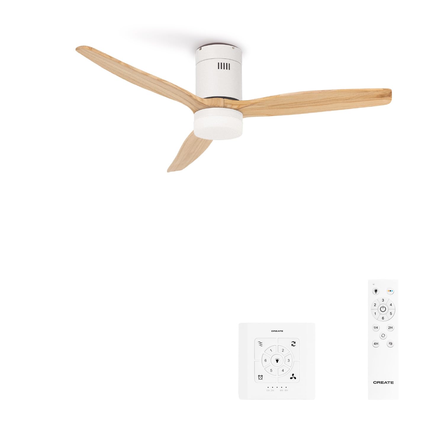 CREATE / WINDCALM S/Ventilador de techo ABS con luz blanco aspas efecto madera clara con controlador y mando / 40W, Temporizador, Ø112 cm, 3 temperaturas de luz, función verano-invierno