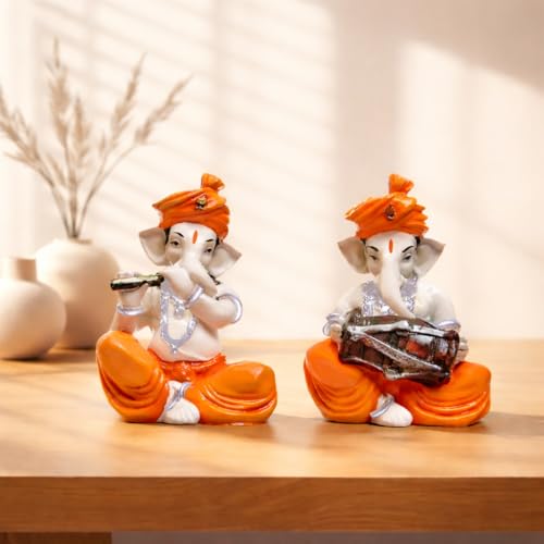 Image of Sitting Ganesha with Musicall Instrumnents Decorative Statue for Home Decor - (Set of 2 Piece, White & Orange)