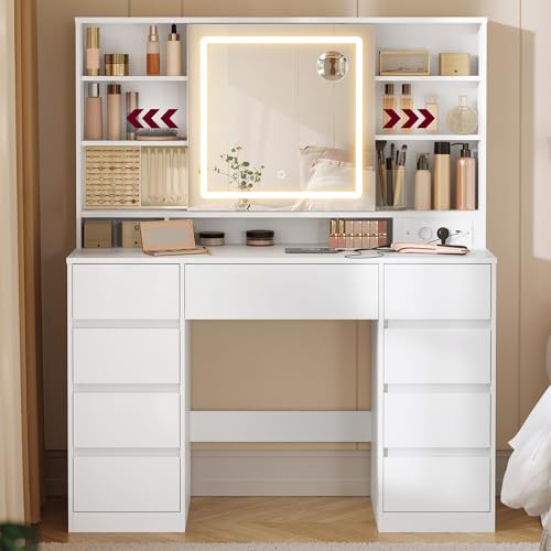 VASAGLE Kailyn Collection - Coiffeuse avec Miroir LED, Multiprise, 9 Tiroirs, Loupe 10x, Rangement Bijoux, Éclairage 3 Couleurs, Installation des Rails sans Outils, Blanc Nuage RDT137W01