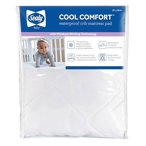 Image of Sealy Baby Cool Comfort Cooling Breathable Waterproof Crib Mattress Protector Pad, Toddler Bed Cover, Infant and Newborn Durable Comfortable Topper, Machine Washable and Dryer Friendly, 52x28”- White
