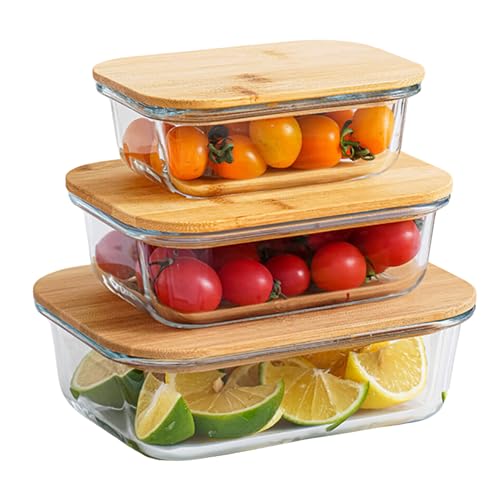 Vellichor Europe Meal Prep Glass Food Storage Containers with Airtight Bamboo Lids - Set of 3 | Eco-friendly, Nesting, Plastic-free | Versatile Sizes, Microwave and Oven Safe | Freshness Preservation