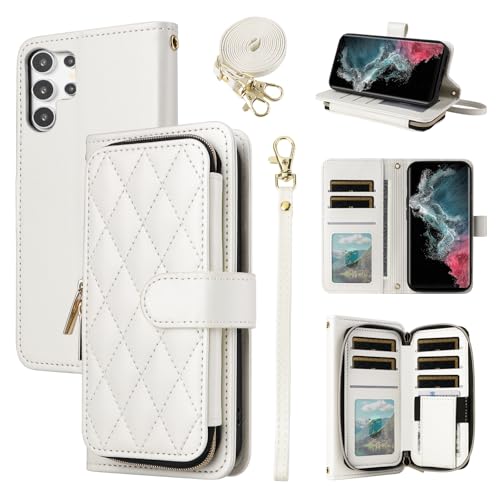 Furiet Wallet Case for Samsung Galaxy S21 Ultra 5G with Wrist Strap 9+ Card Slots Zipper Purse Luxury PU Leather Stand Full Body Phone Cover for S21ultra 21S S 21 21ultra G5 Women Girls White