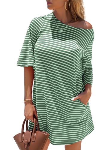Image of EXLURA Women's Summer T Shirt Dress Casual Short Sleeve Loose Striped Mini Dresses 2026 Vacation Beach Sundress Pockets