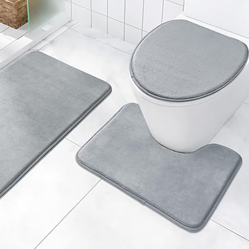 Image of HASTHIP Quick Dry Bathroom Mats Anti Slip Set of 3, Anti-Slip, Super Absorbent, 80x50 + 40x60 and U-Shaped Toilet Mats for Bathroom, Memory Foam Bath Mat, Soft & Durable, Machine Washable