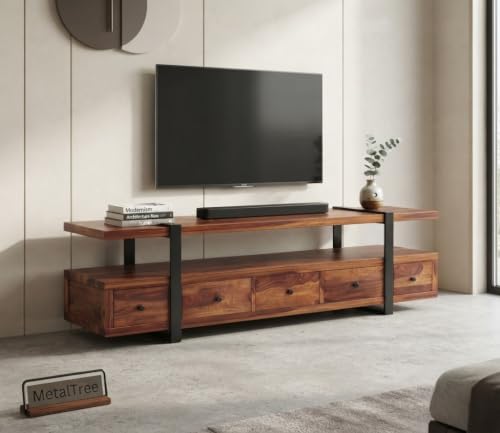 Image of Rustic Sheesham Wood & Metal TV Unit with 5 Drawers, 1 Shelf, and Storage for up to 70-Inch TV - Perfect for Living Room (George, Honey Finish)