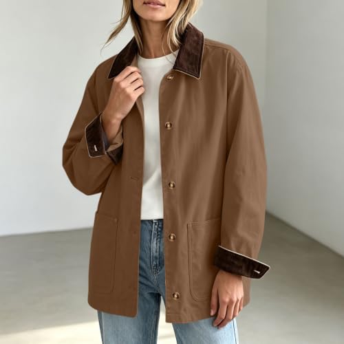 Womens Barn Jacket Corduroy Collar Cuffs Lightweight Button Front Pockets - image 2