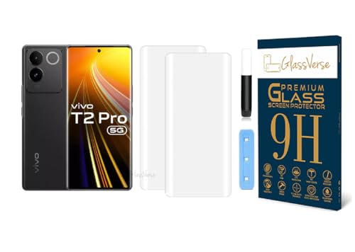 Image of GlassVerse Vivo T2 Pro UV Tempered Glass Screen Protector. Pack Of 2 | 3D Curved Edge | 9H Hardness | Full UV Glue with UV Light | Anti-Scratch | Case Friendly | HD Clear. (6.78 Inches)