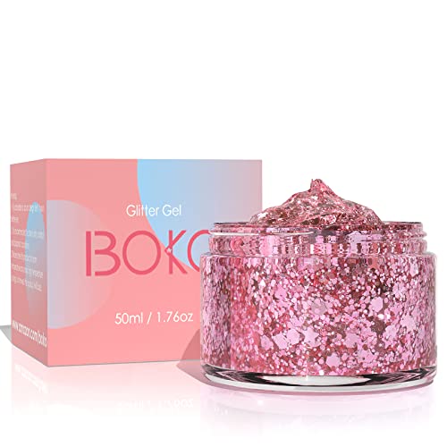 Boko 1.76Oz Body Glitter Gel, Pink Face Glitter Lotion Mermaid Sequins For Women Face Paint Hair And Body Makeup, Concert Outfit, Festival Rave Accessories And Carnival Costume - Rose Quartz #TOP4