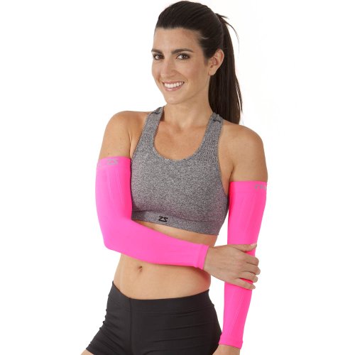 Zensah Compression Arm Sleeves - Made in USA, Thermal Arm Warmers for Cycling and Running with UV Sun Protection (Neon Pink, Small/Medium)