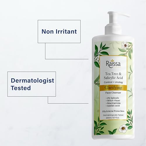 Image of Raissa Clarifying Soap Free Face Wash for oily Acne prone skin - 2% Salicylic Acid, Azelaic Acid, Tea Tree Oil, Niacinamide| reduces Acne & post acne marks, Oil Control, Pore Minimizing | For Men & Women |200 ml
