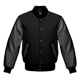 Lishow Fashion Varsity jacket Baseball Letterman Bomber School Collage Premium Wool and Genuine Black Leather Sleeves Jacket (Black, L)