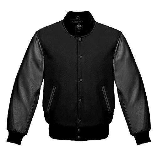 Lishow Fashion Varsity jacket Baseball Letterman Bomber School Collage Premium Wool and Genuine Black Leather Sleeves Jacket (Black, L)