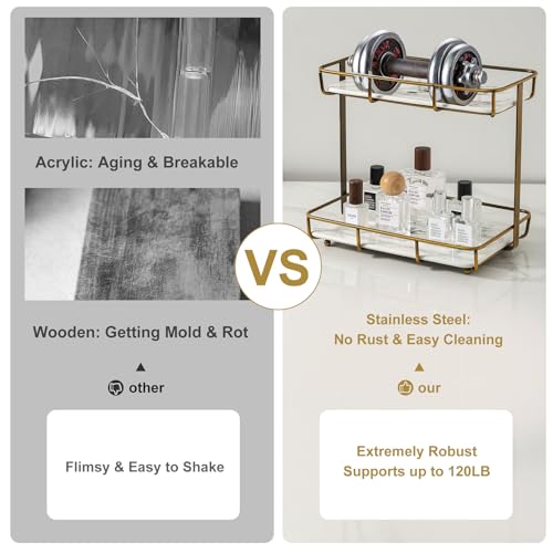 Bathroom Organizer Countertop Perfume Organizer Makeup Organizer Cosmetics Storage Display Rack Vanity Tray Dresser Stainless Steel Gold Shelf White Marble Ceramic Tray
