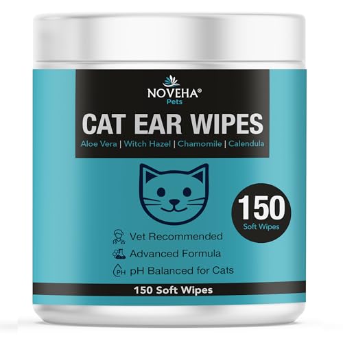 NOVEHA 150 PCs Cat Ear Wipes that Gently Clean & Soothe Sensitive Cat Ears; Soft Ear Cleaner for Removing Wax, Dirt & Odor; Alcohol-Free Ear Care with pH Balanced Formula; Unscented Grooming Care