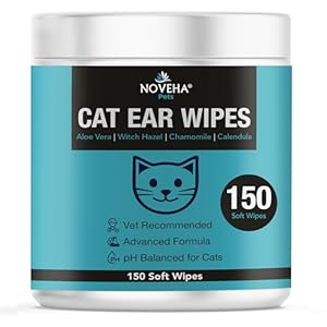 NOVEHA 150 PCs Cat Ear Wipes that Gently Clean & Soothe Sensitive Cat Ears; Soft Ear Cleaner for Removing Wax, Dirt & Odor; Alcohol-Free Ear Care with pH Balanced Formula; Unscented Grooming Care