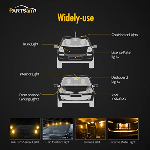 Partsam 2X T10 W5W 194 2825 Amber LED Light Bulbs 6-5730-SMD Car Truck Parking LED Parking Light Bulbs Side Door Courtesy Light Stepwell Light - Thumbnail 5