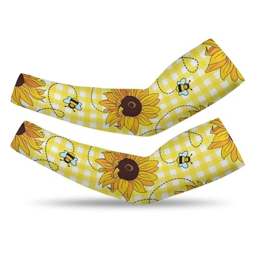 TecEr Sunflowers Bees Pattern UV Protection Arm Sleeves Outdoor Compression Covers for Men Women Gardening, M