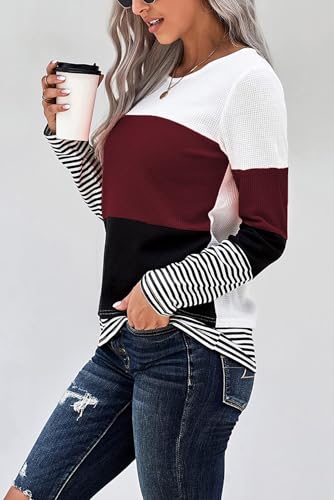 KINGFEN Womens Long Sleeve Color Block Tops Striped Casual Crewneck T Shirts Waffle Knit Sweaters3