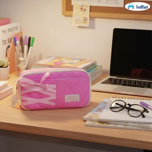 Image of FunBlast Pencil Pouch for Girls - Aesthetic Multi-Compartment Zipper Pouch with Drawstring Pocket, Cute Kawaii Pencil Case, Stylish Stationery Pouch, Return Gift for Kids & School Use (PinkB)