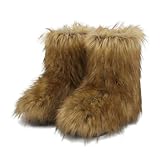 MAIJED Brown Fur Boots for Women Fluffy Furry Short Snow Boots Fashion Fuzzy Mid-Calf Warm Boots Outdoor Flat Shoes