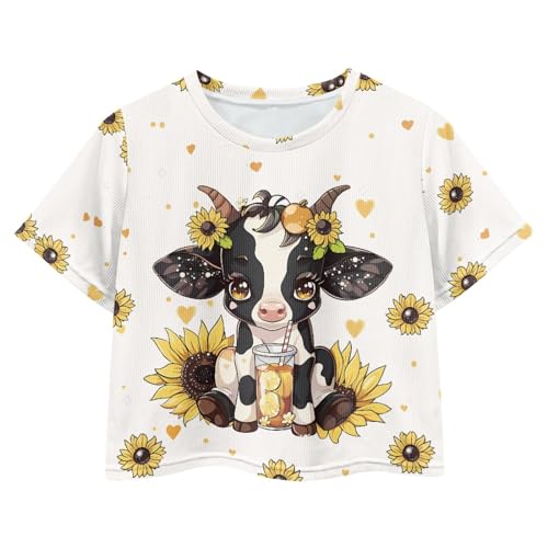 Image of Girls Crop Tops Cute Short Sleeve Shirts Fashion Tees for Kids Casual Crewneck Blouses Size 8-16 Years