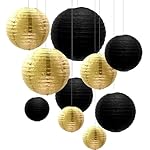 ZOOYOO 10pcs Paper Lanterns,Black Gold Round Hanging Paper Lanterns Decorations for Graduation,Anniversary,New Year,Farewell,Retirement,Birthday Party,Graden Decor