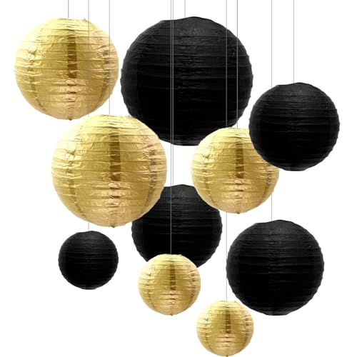 ZOOYOO 10pcs Paper Lanterns,Black Gold Round Hanging Paper Lanterns Decorations for Graduation,Anniversary,New Year,Farewell,Retirement,Birthday Party,Graden Decor