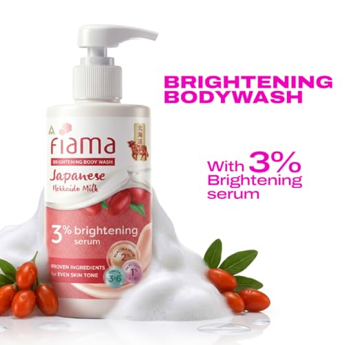 Image of Fiama 3% Brightening Serum Body Wash 250ml | 2% Niacinamide, 1% Glycolic Acid, Omega 3 & 6 Fatty Acids Shower Gel, Fights Dullness & Evens Skin tone | Exotic Japanese Hokkaido Milk, Raspberry Smoothie Fragrance