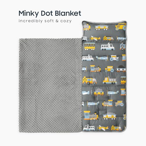 Image of Wake In Cloud - Toddler Nap Mat with Pillow and Minky Fleece Blanket, for Kids Boys Ages 3 Plus in Daycare Preschool Kindergarten, Roll Up Sleeping Bag, Planes Trains Trucks