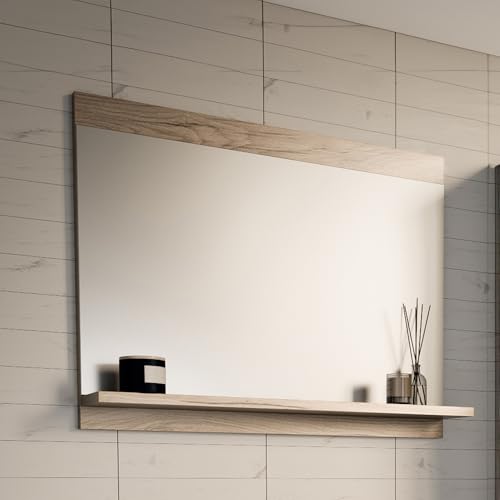 [en.casa] Specchio Rettangolare da Parete con Ripiano Integrato per Bagno Specchiera con Mensola da Appendere 50 x 60 x 12 cm Ingresso Corridoio - Effetto Rovere