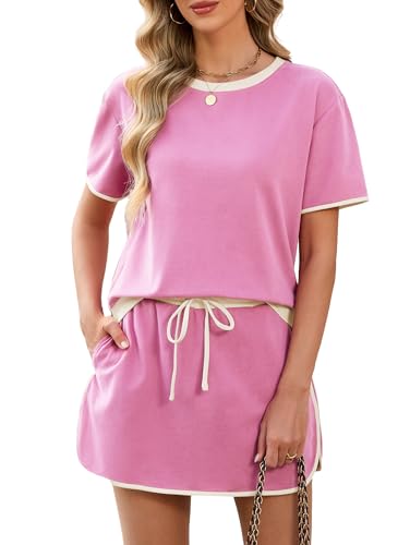 Image of Famulily Crew Neck Summer Short Sets for Women Outdoor Casual 2 Piece Outfits Ladies Tracksuit Set with Pockets Hot Pink S