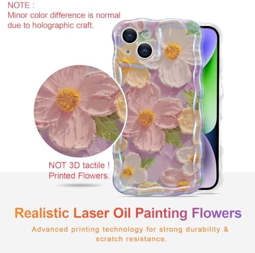 EYZUTAK Case for iPhone 13, Colorful Retro Oil Painting Printed Flower Laser Beam Glossy Pattern Cute Curly Waves Border Exquisite Phone Cover Stylish Durable TPU Protective Case for Girls Women -Pink