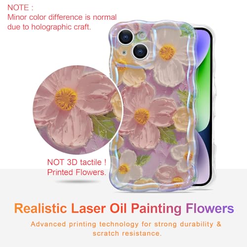 EYZUTAK Case for iPhone 13, Colorful Retro Oil Painting Printed Flower Laser Beam Glossy Pattern Cute Curly Waves Border Exquisite Phone Cover Stylish Durable TPU Protective Case for Girls Women -Pink