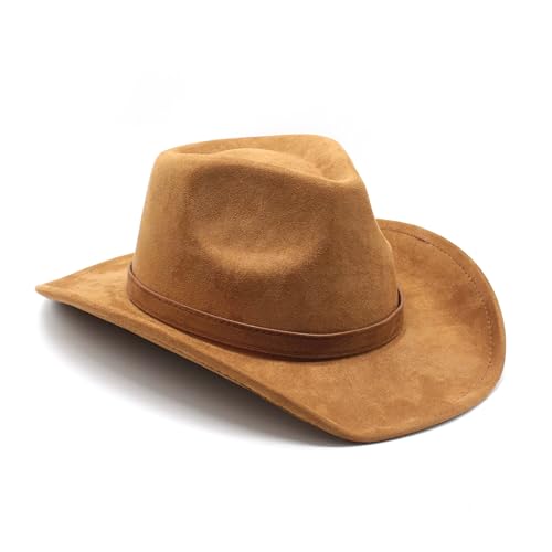 Image of Unisex Western Suede Cowboy Cowgirl Hat Classic Wide Brim Fedora Hat for Men &Women