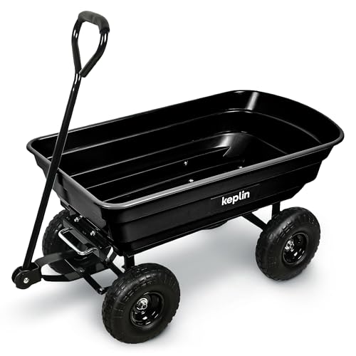Keplin 75L Garden Cart with Pneumatic Tyres Heavy Duty 4 Wheel Garden Trolley Supports 200kg Load Capacity Steel Utility Cart for Gardening Landscaping Tools & Outdoor Transport