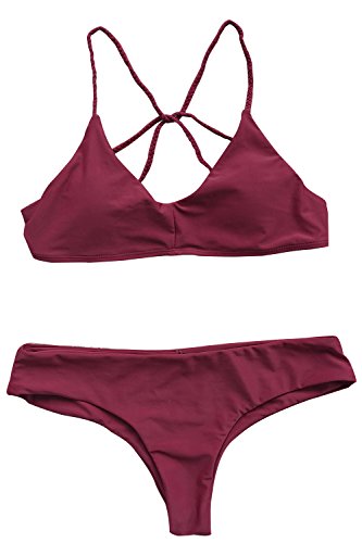 CUPSHE Fashion Women's Solid Color Cross Back Padding Bikini Set, Burgundy (S)