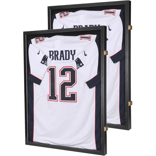 Jersey Wooden Frame Display Case -Shadow Box with 98% UV Protection Acrylic and Hanger for L or XL Baseball Basketball Football Hockey Sport Shirt and Uniform (Black 2 Packs)