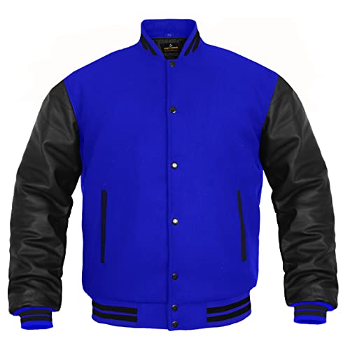 Image of Deckra Men's Varsity Jacket Genuine Leather Sleeve and Wool Blend Letterman Boys College Varsity Jackets XS-5XL