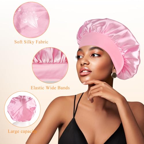 Satin Silk Bonnet compatible with Curly Hair Hair Bonnet Silk Wrap for Sleeping Night Sleep Cap for Women Black/Pink, M