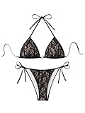 SOLY HUX Bathing Suit for Women Floral Lace Halter Triangle Tie Side Swimsuit Two Piece Bikini Sets Black Floral Medium