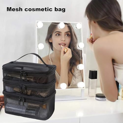 Image of 3 Layer Makeup Pouch Bag,Travel Makeup Organizer Portable Toiletry Case Bag Pouch, Large Mesh Toiletries Double Layer Nylon Brush Zip-up Tool with Handle (Black)