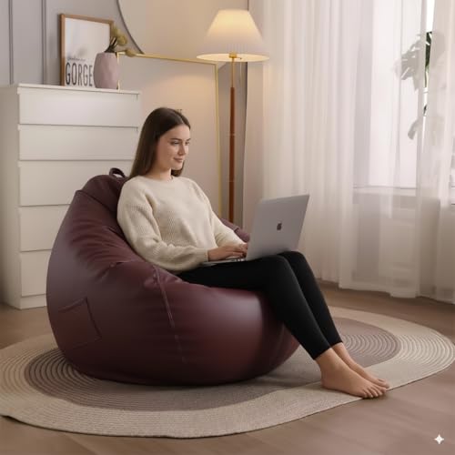 Image of 4XL Leatherette Bean Bag Chair with Footrest & Cushion with Beans Filled (Ready to Use) Color- (Maroon, Bean Bag Only)