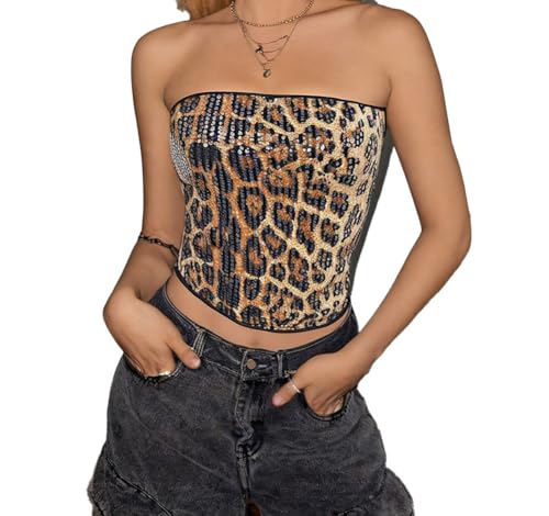 SportsWell Women Cheetah Print Top Sequin Tube Top Stretchy
