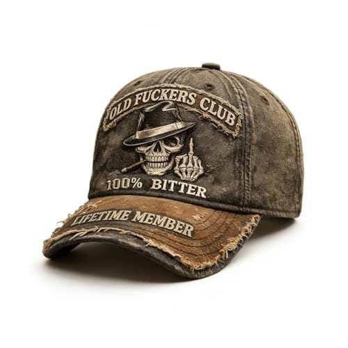 Old Fuckers Club Casquette de baseball vintage, motif tête de mort vieilli avec majeur, 100 % coton, réglable, style rétro pour membre à vie, noir