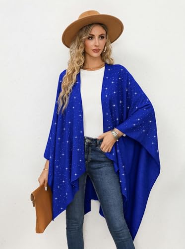 Image of Womens Rhinestones Open Front Poncho Shawl Wrap Cape Ruana Travel Blanket Cardigan
