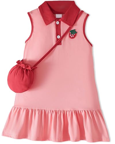 Girls Dresses 5-6T Kids Girl Summer Outfits 2 Pcs Lovely Little Outfits Size 5-6 Strawberry Print Red Polo Sundress+Mini Crossbody Bag Trendy Summer Dresses Overall Set for Age 5-6Y Red