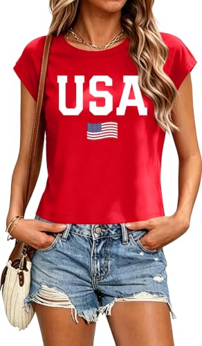 tiorhooe USA Shirts for Women 4th of July Shirt American Flag Tshirt Patriotic 250th Anniversary USA Cap Sleeve Tops(Red2,Large)