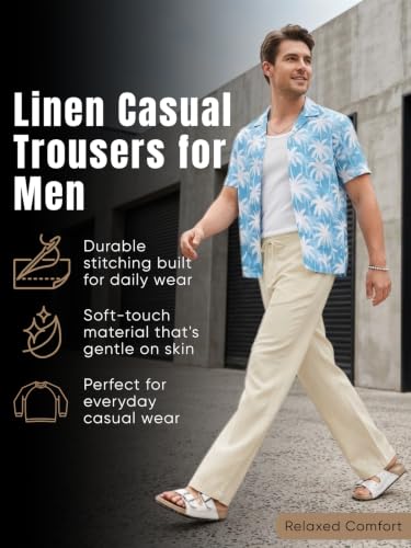Image of GRECIILOOKS Men's Linen Trousers | Loose Fit Linen-Cotton Casual Pants for Men | Relaxed Office Wear Formal Trousers for Men | Stylish Beige & Pants