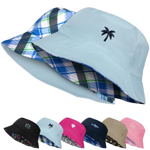 HONGTEYA Kids Sun Hat Double Side Bucket Hats for Boys Girls Summer Sun Protection Wide Brim Unisex Beach Outdoor Light Blue